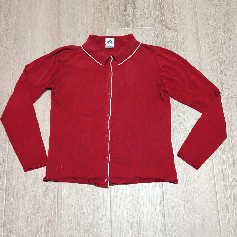 Vintage 2002 Adidas Silk Blend Cardigan Women M Red Button Front Contrast Piping